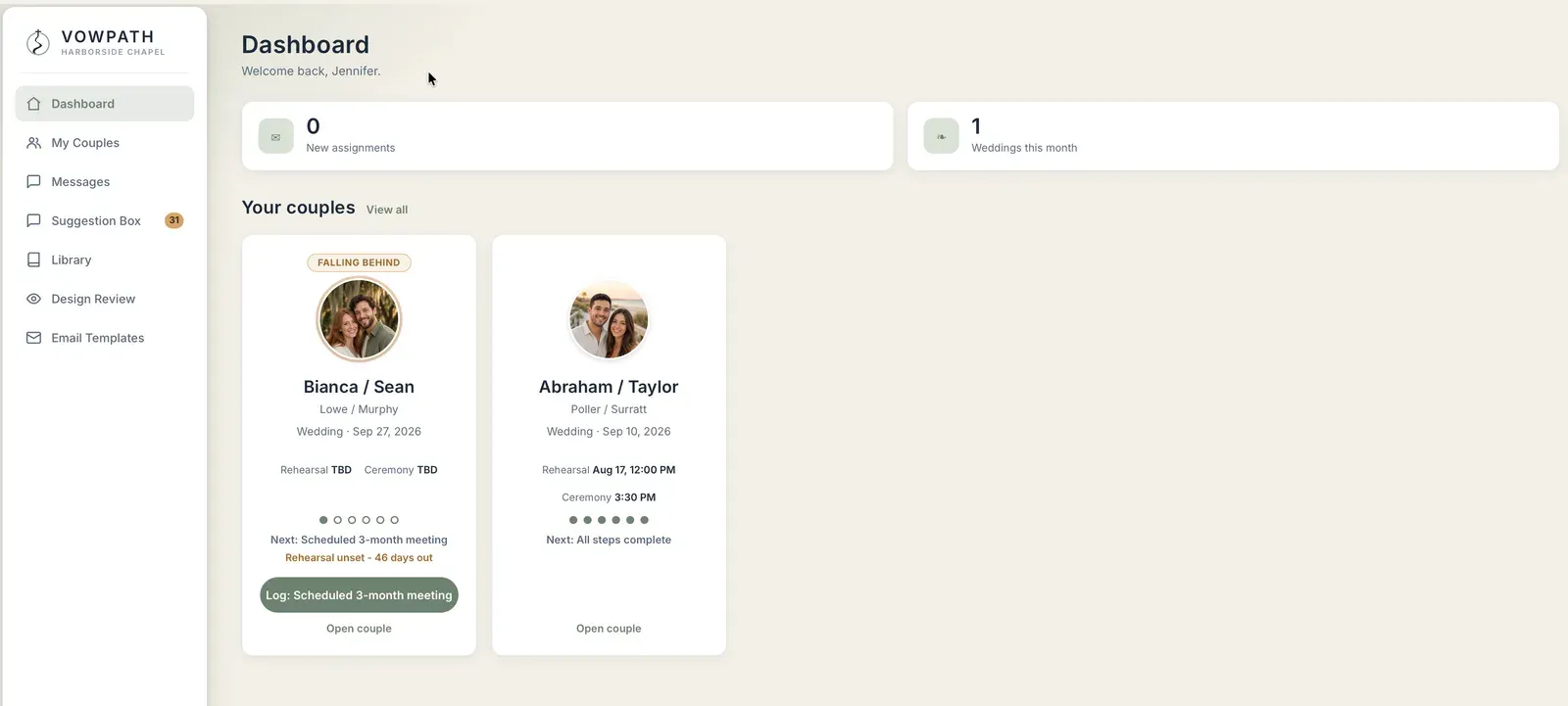 The VowPath coordinator dashboard: two couple cards, each with a photo and wedding date. The first is tagged falling behind, with its rehearsal unset 46 days out and a one tap button to log the next step. Both show progress dots for the checklist.