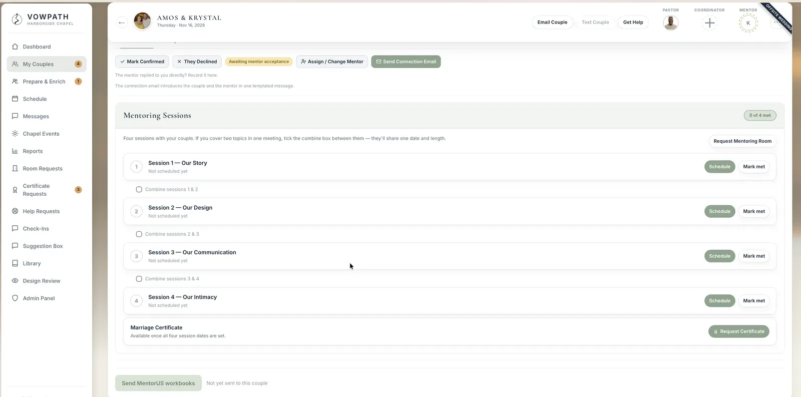 A couple's mentoring detail in VowPath: the four MentorUs sessions, Our Story through Our Intimacy, each with scheduling controls and a met marker, above the marriage certificate request.