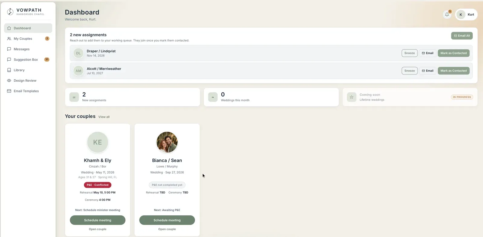 The VowPath pastor dashboard: two new assignments awaiting outreach, above a row of couple cards showing each wedding date, Prepare and Enrich status, rehearsal and ceremony times, and the next step to take.